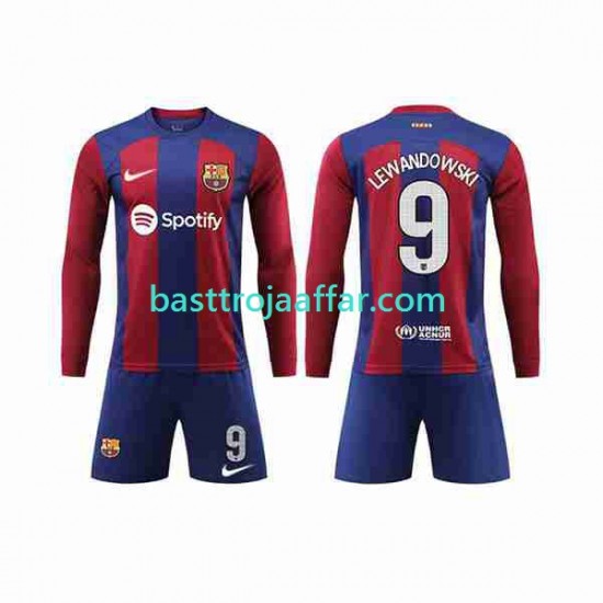FC Barcelona LEWANDOWSKI 9 Barn Hemma Fotbollströja 2023-2024 Långärmad