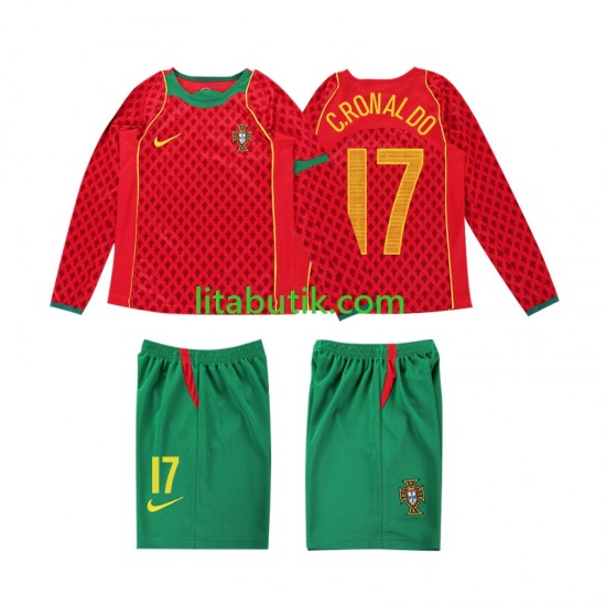 Portugal Cristiano Ronaldo 17 Retro Barn Hemma Fotbollströja 2004 Långärmad