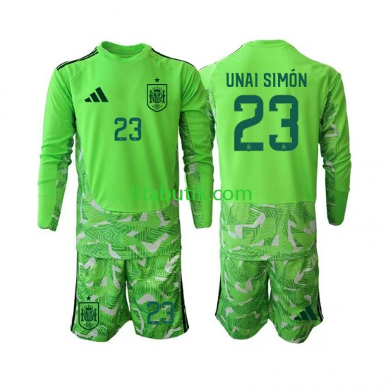 Spanien Unai Simon 23 6th Green color Målvakt Barn Fotbollströja VM 2026 Långärmad