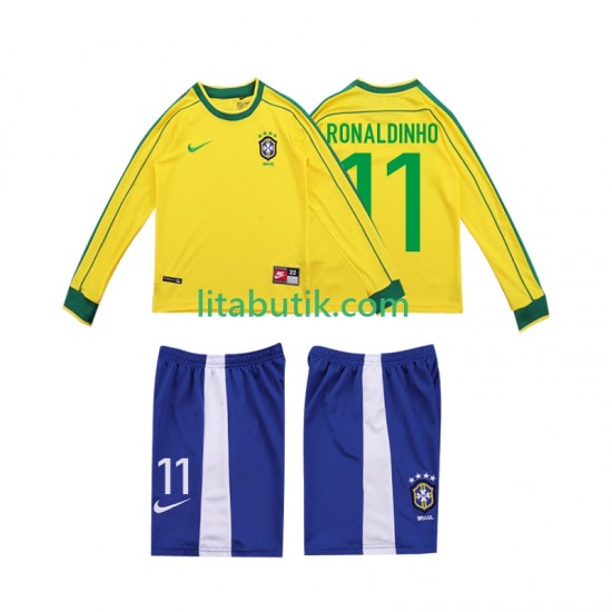 Brasilien RONALDINHO 11 Retro Barn Hemma Fotbollströja 1998 Långärmad